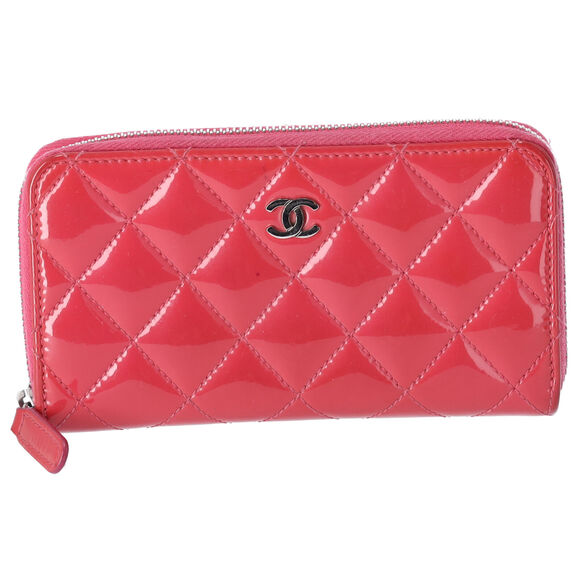 CHANEL Mateless Medium Zip Around Wallet Pink Quilted Patent Leather - Picture 1 of 8